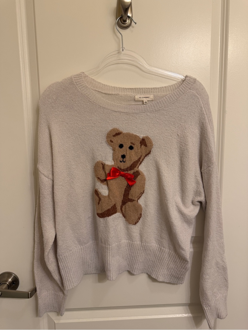 Teddy Bear Crewneck Sweater - Beige with Red Bow
